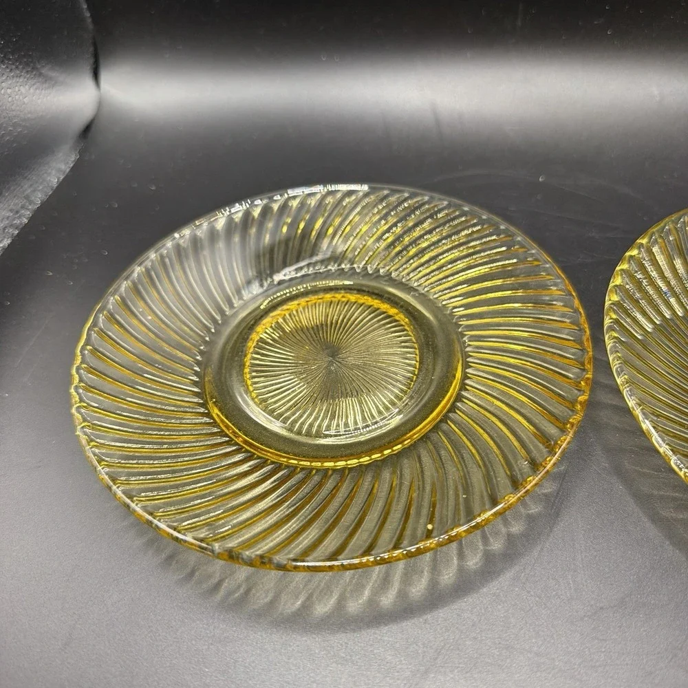 Vintage Federal Glass Co Pressed  Glass Saucers Amber Diana Swirl Pattern S/2